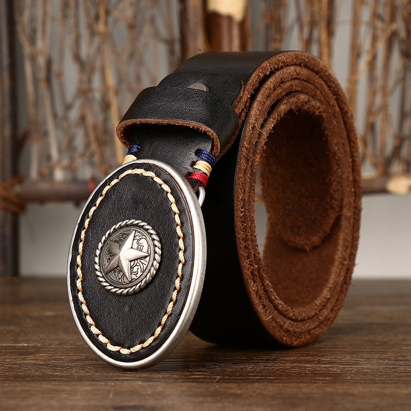 Men’s Leather Belt with Oval Star Buckle – Country Style
