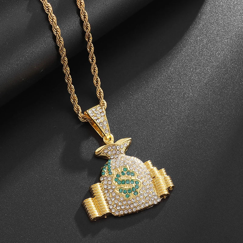 Men’s Hip Hop Necklace – Money Bag Pendant with Stones