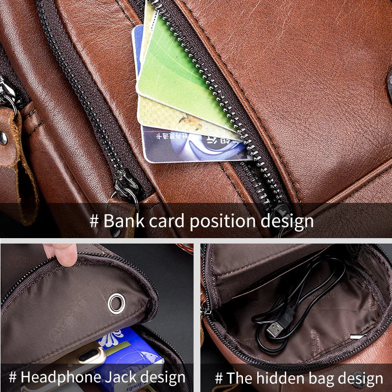 Bullcaptain Men’s Leather Sling Bag – USB Charging Crossbody Chest Pack for Travel, Work & Casual Use