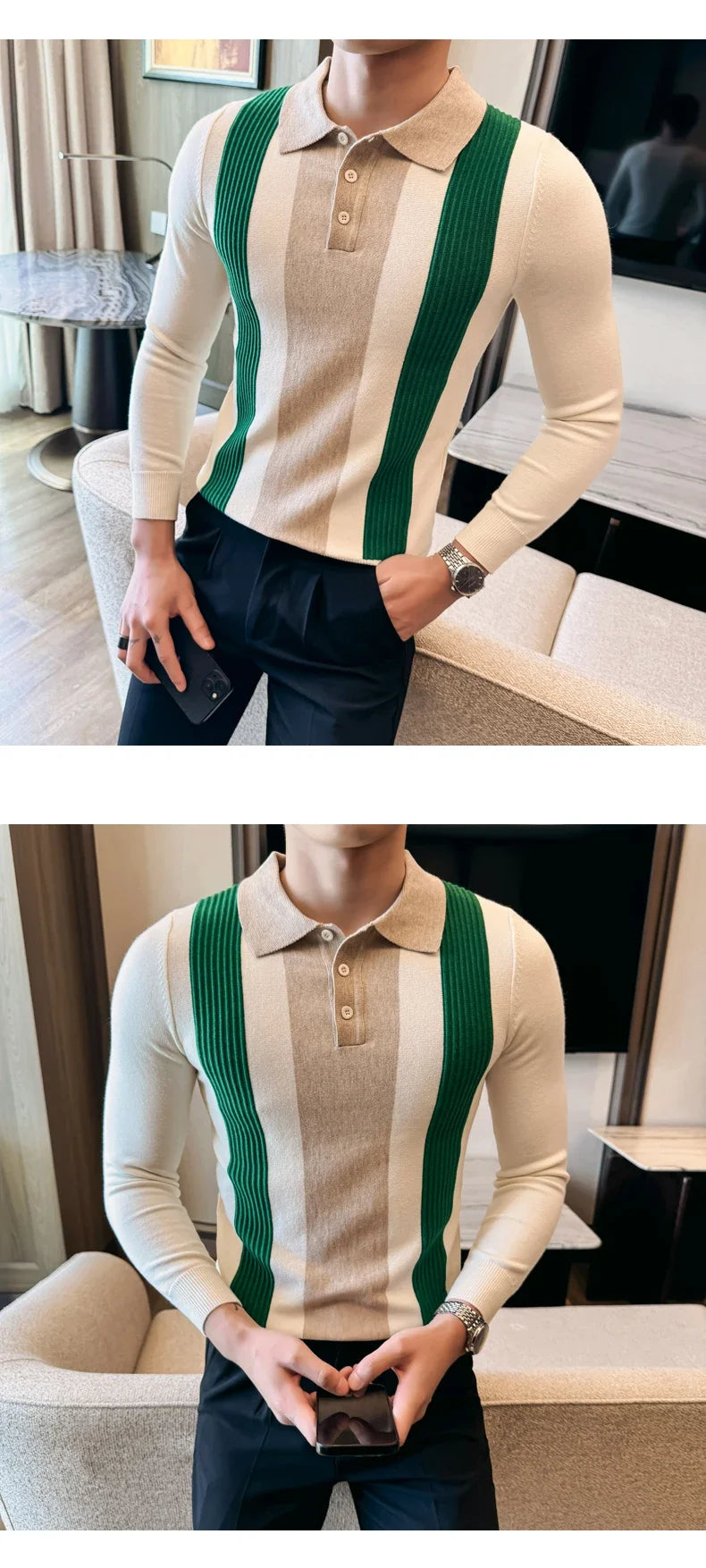 Men’s Retro-Style Long Sleeve Polo with Slim Fit