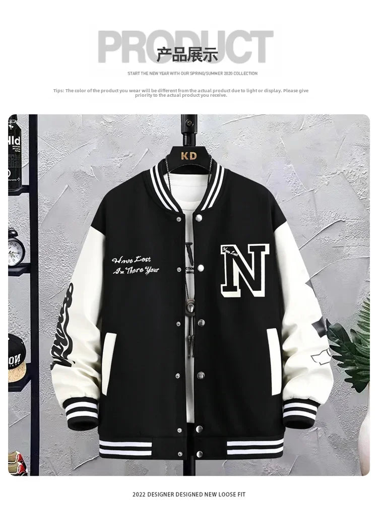 Men’s Varsity College Jacket with Embroidered Details and Snap Button Closure