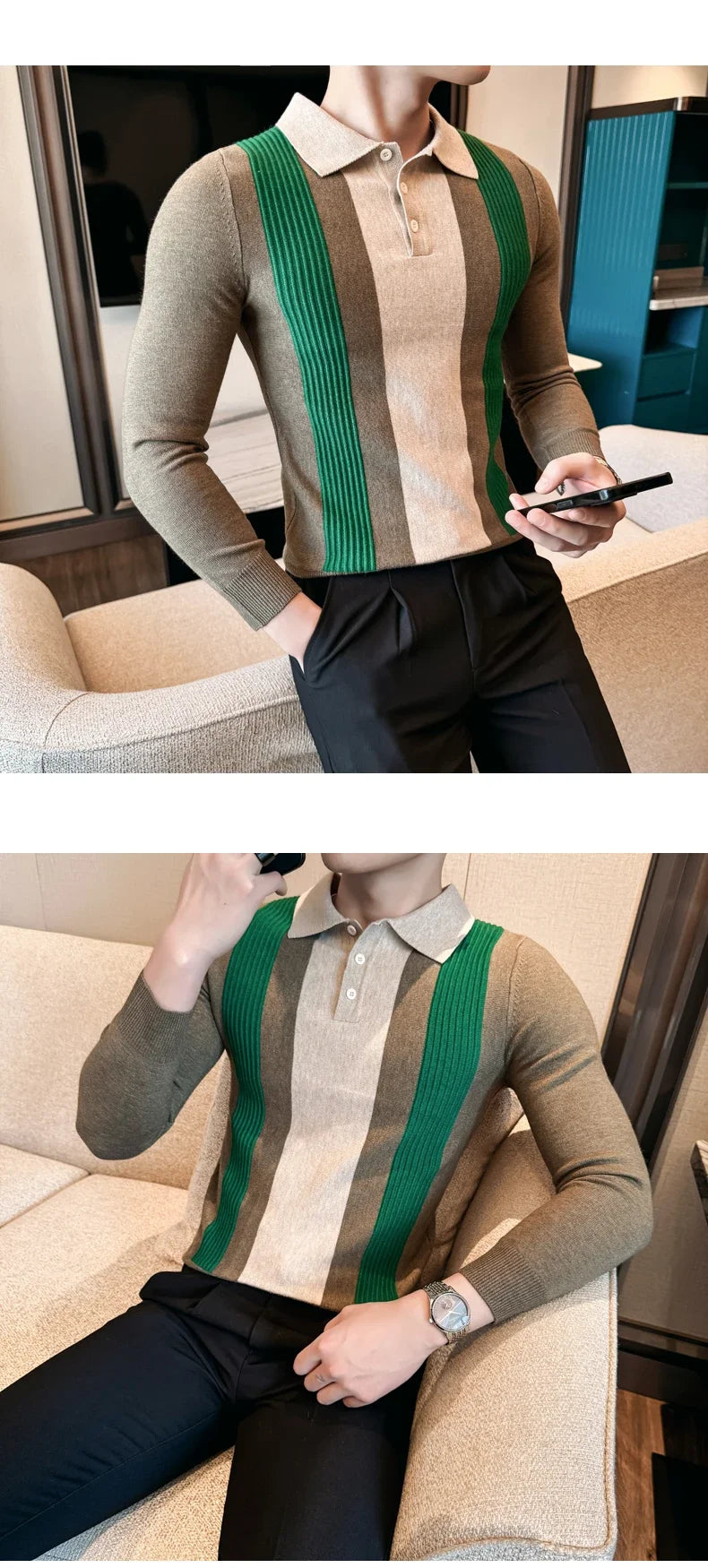 Men’s Retro-Style Long Sleeve Polo with Slim Fit