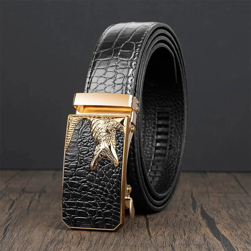 Men’s Automatic Buckle Leather Belt with Crocodile Texture – Elegant and Adjustable