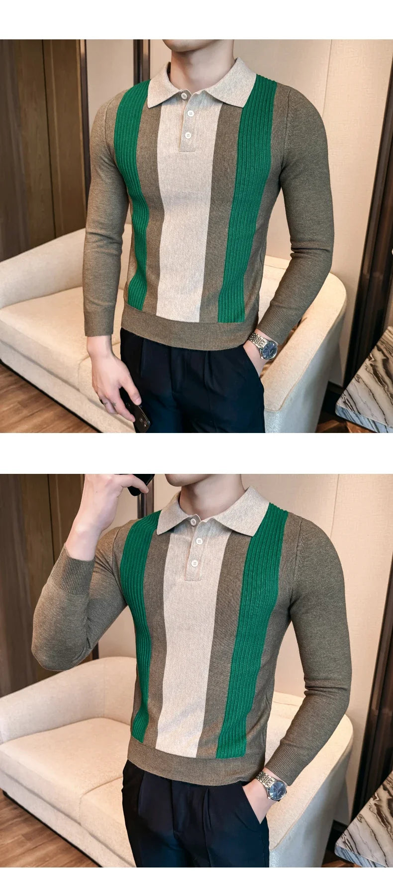 Men’s Retro-Style Long Sleeve Polo with Slim Fit