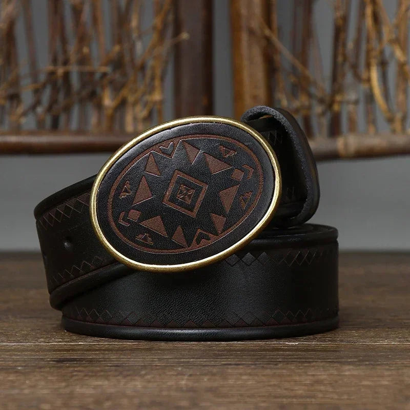 Men’s Leather Belt with Oval Buckle and Geometric Design