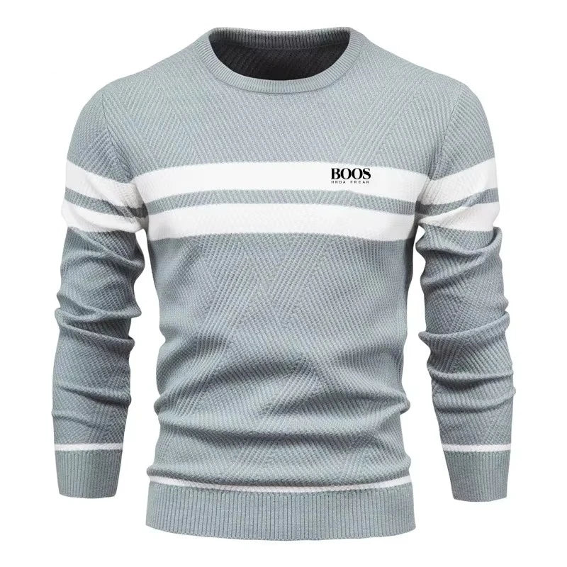 Men’s Slim Fit Knit Sweater – Warm Patchwork Pullover with Crew Neck & Long Sleeves