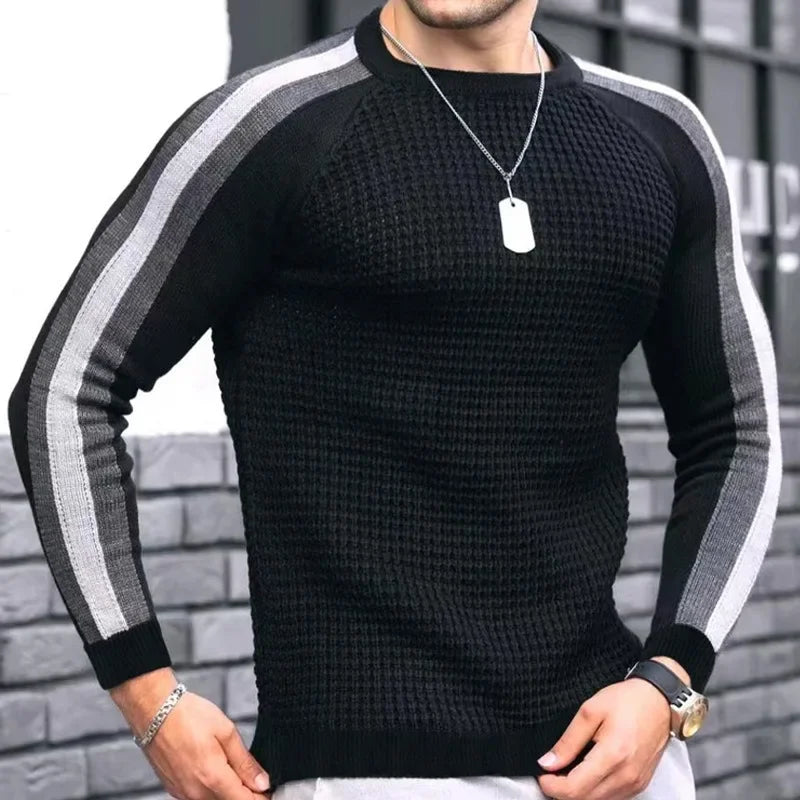 Men’s Athletic Ribbed Knit Sweater with Striped Sleeves – Sleek Casualwear with a Sporty Edge