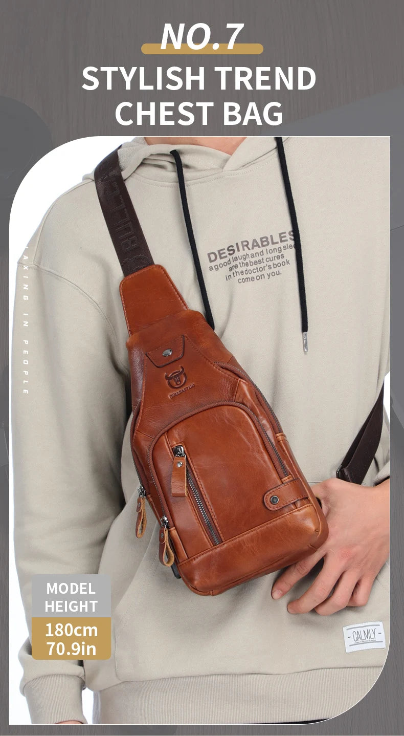 Bullcaptain Men’s Leather Sling Bag – USB Charging Crossbody Chest Pack for Travel, Work & Casual Use