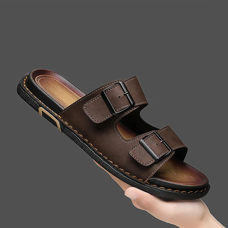Men’s Leather Sandals with Adjustable Double Buckle – Classic and Comfortable