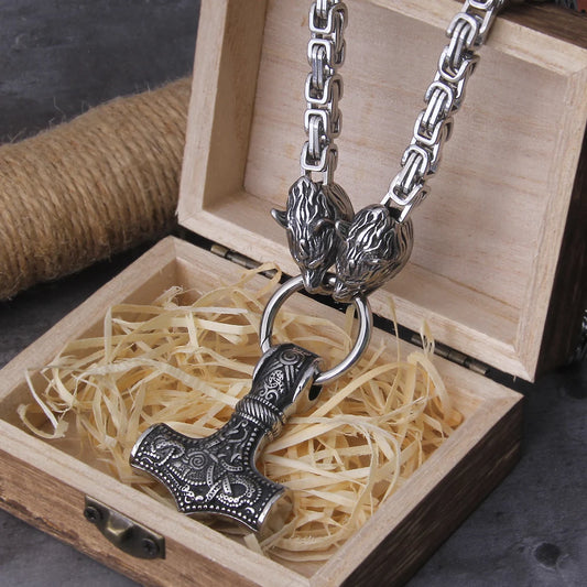 Men’s Viking Necklace – Thor’s Hammer with Wolves