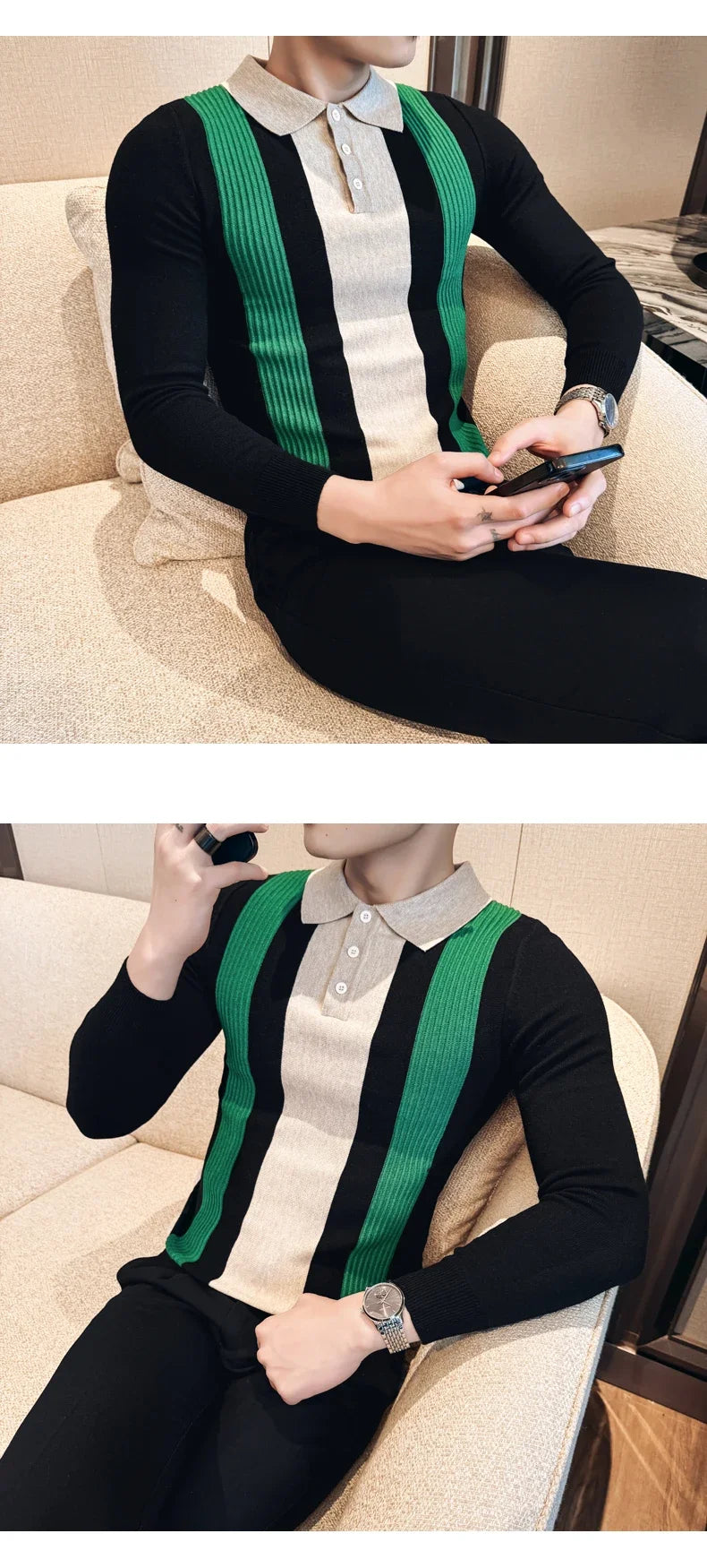 Men’s Retro-Style Long Sleeve Polo with Slim Fit