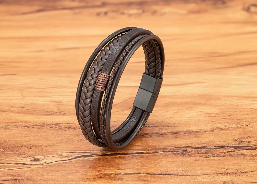 Men’s Triple Braided Leather Bracelet with Magnetic Clasp