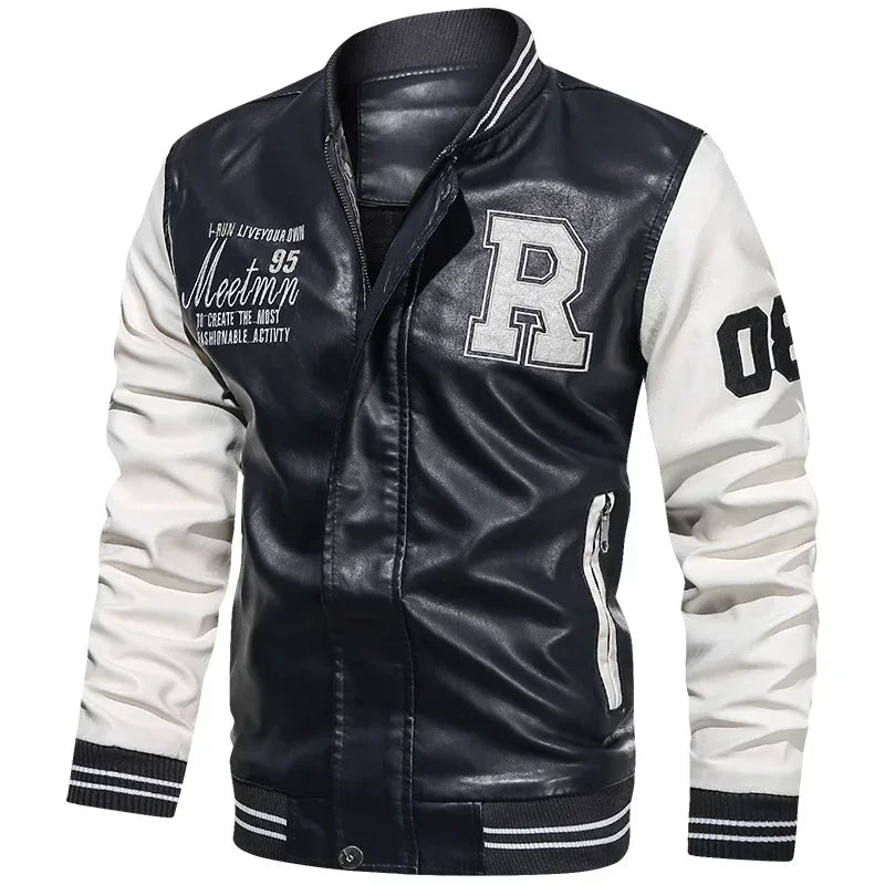 Men’s “R Varsity” Leather-Style College Jacket with Contrast Sleeves