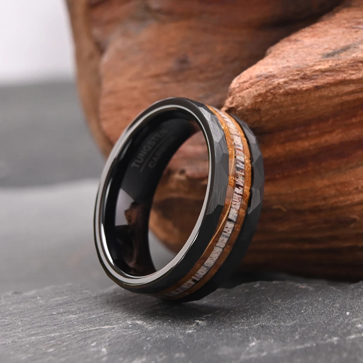 8mm Black Tungsten Carbide Men's Ring Barrelwood and Antler Inlay Men's