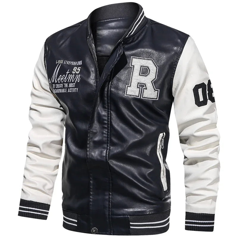 Men’s “R Varsity” Leather-Style College Jacket with Contrast Sleeves