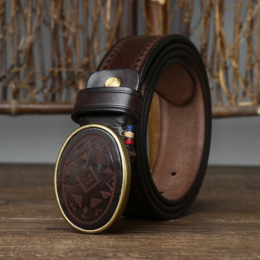 Men’s Leather Belt with Oval Buckle and Geometric Design