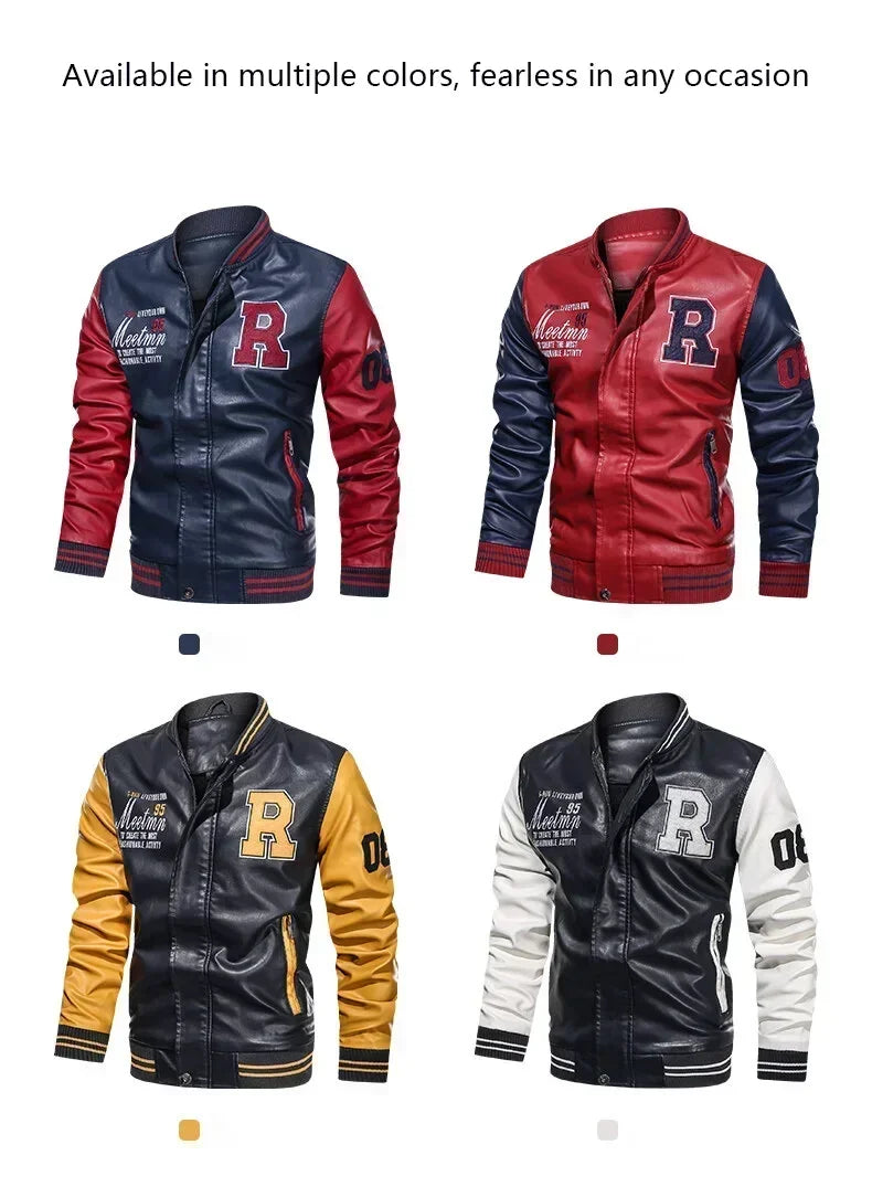 Men’s “R Varsity” Leather-Style College Jacket with Contrast Sleeves