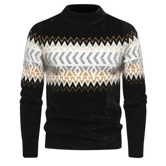 Men’s Crew Neck Patterned Knit Sweater – Minimalist Style with Geometric Detailing