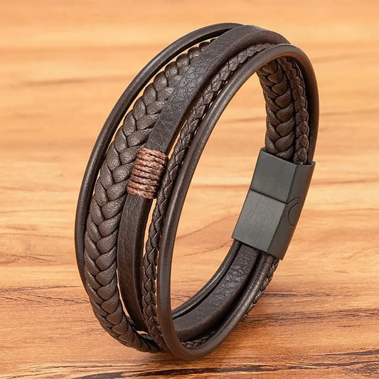 Men’s Triple Braided Leather Bracelet with Magnetic Clasp