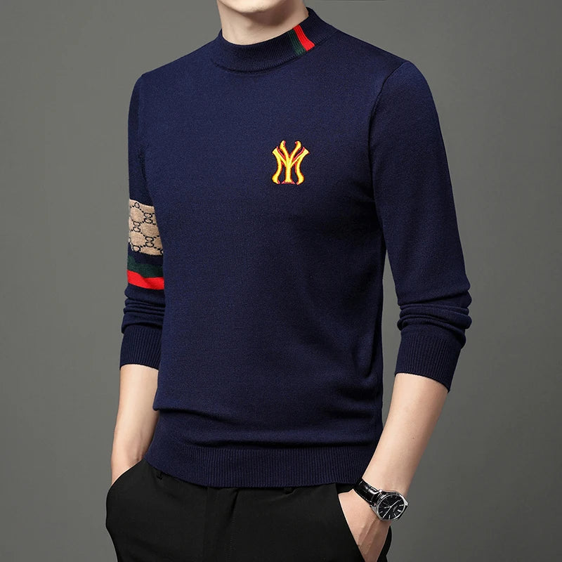 Men’s Slim Fit Knit Sweater with Sporty Sleeve Detail – Urban Elegance with Attitude