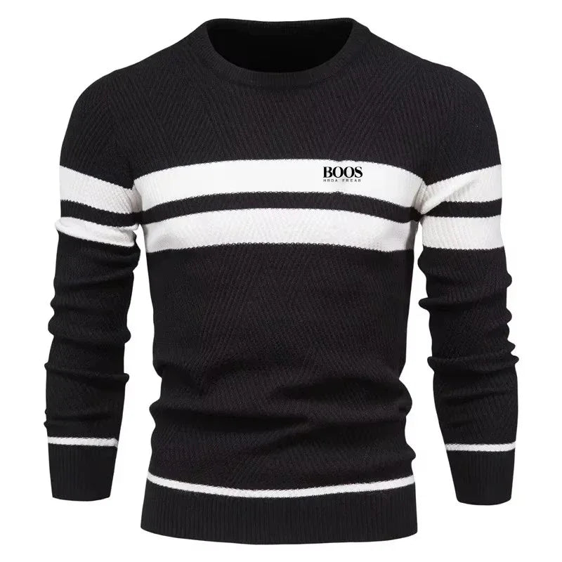 Men’s Slim Fit Knit Sweater – Warm Patchwork Pullover with Crew Neck & Long Sleeves