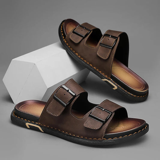 Men’s Leather Sandals with Adjustable Double Buckle – Classic and Comfortable