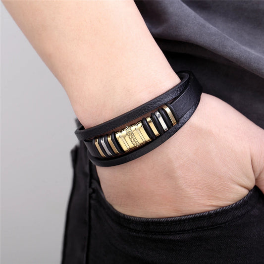 Men’s Leather Bracelet with Gold Accents – Modern Double Layer Design