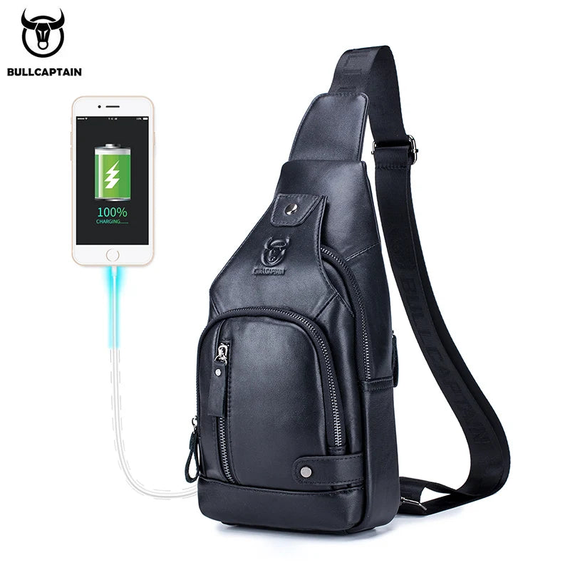 Bullcaptain Men’s Leather Sling Bag – USB Charging Crossbody Chest Pack for Travel, Work & Casual Use