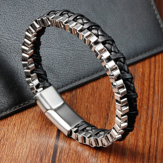 Black Genuine Leather Stainless Steel Bracelet, Handmade Double Chain Bracelet