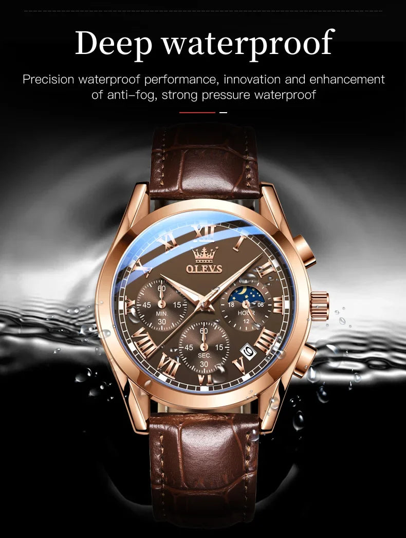 Luxury Men’s Watch with Calendar and Moon Phase Display