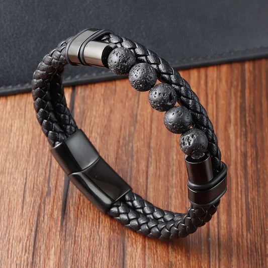 Men’s Braided Leather Bracelet with Bead Detail