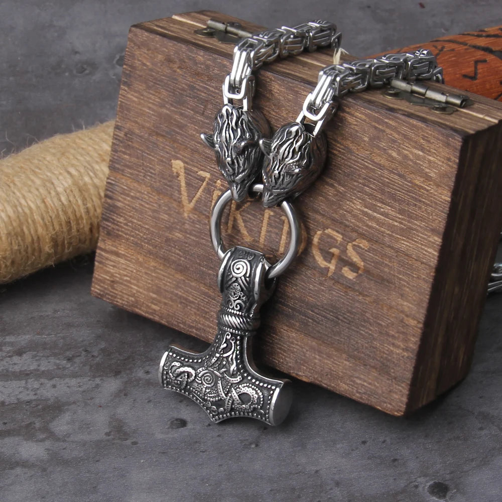 Men’s Viking Necklace – Thor’s Hammer with Wolves