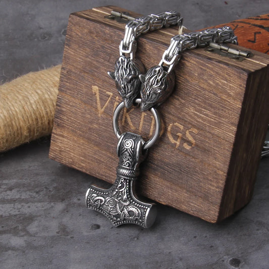 Men’s Viking Necklace – Thor’s Hammer with Wolves