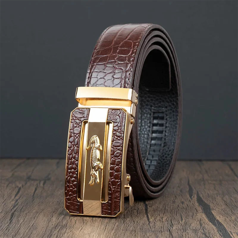 Men’s Automatic Buckle Leather Belt with Crocodile Texture – Elegant and Adjustable