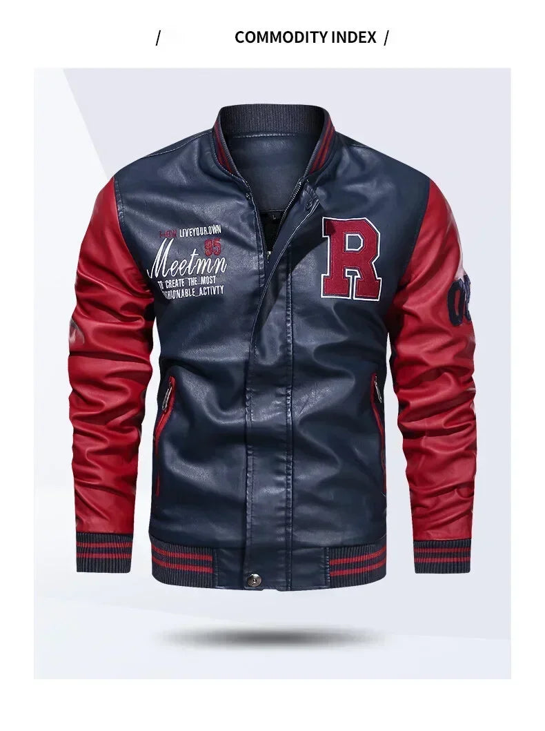 Men’s “R Varsity” Leather-Style College Jacket with Contrast Sleeves