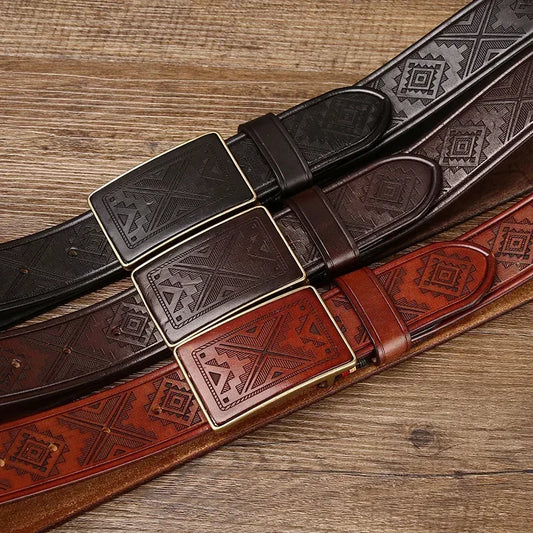 Men’s Leather Belt with Engraved Buckle – Rustic Style