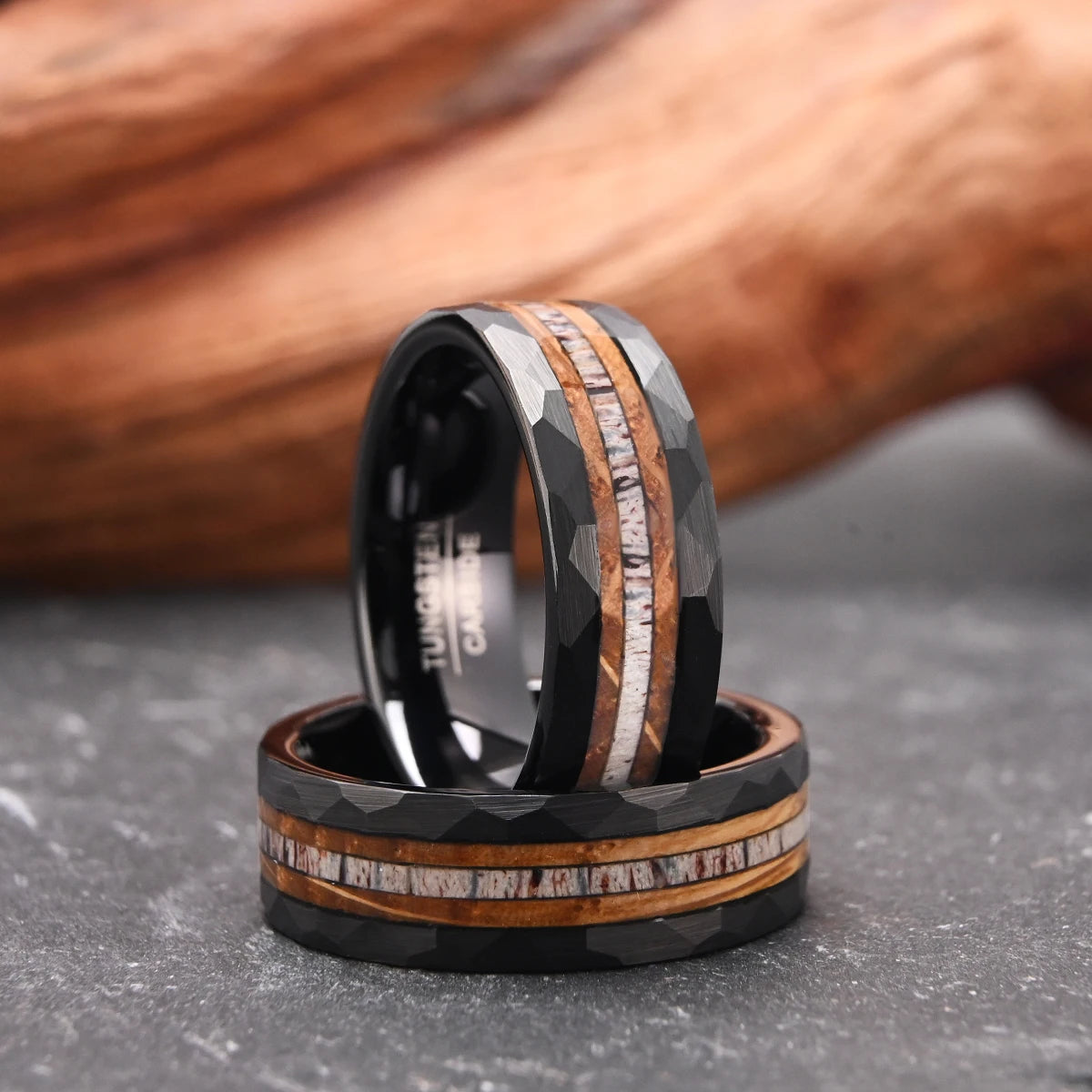 8mm Black Tungsten Carbide Men's Ring Barrelwood and Antler Inlay Men's