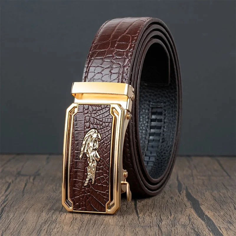 Men’s Automatic Buckle Leather Belt with Crocodile Texture – Elegant and Adjustable