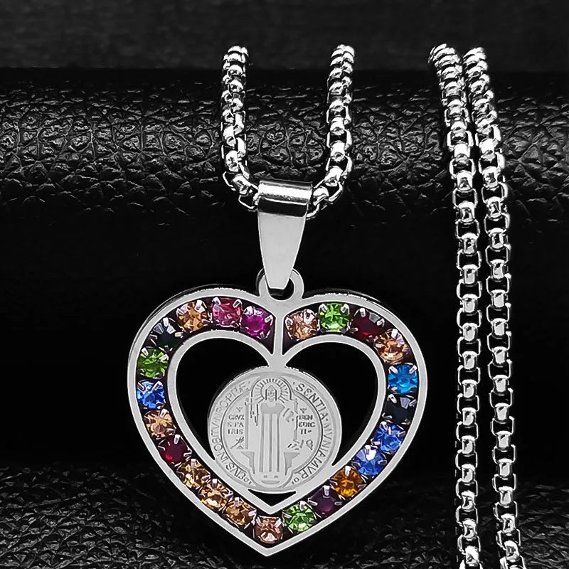 Colorful Gemstone Cross Pendant – Stainless Steel Necklace