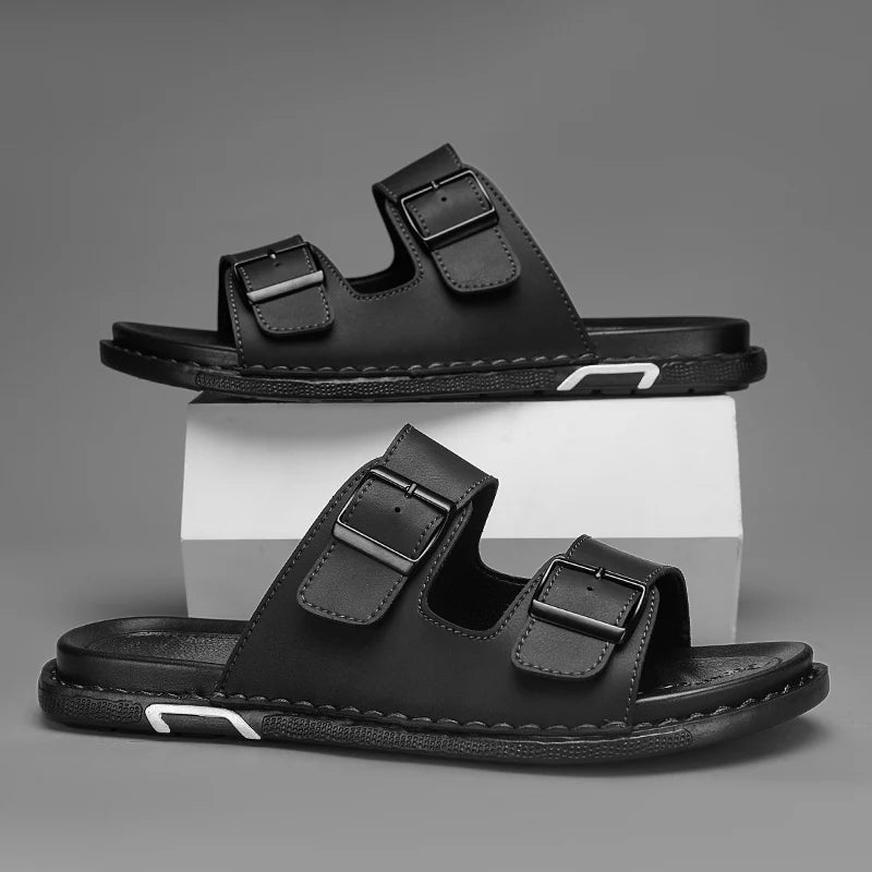 Men’s Leather Sandals with Adjustable Double Buckle – Classic and Comfortable