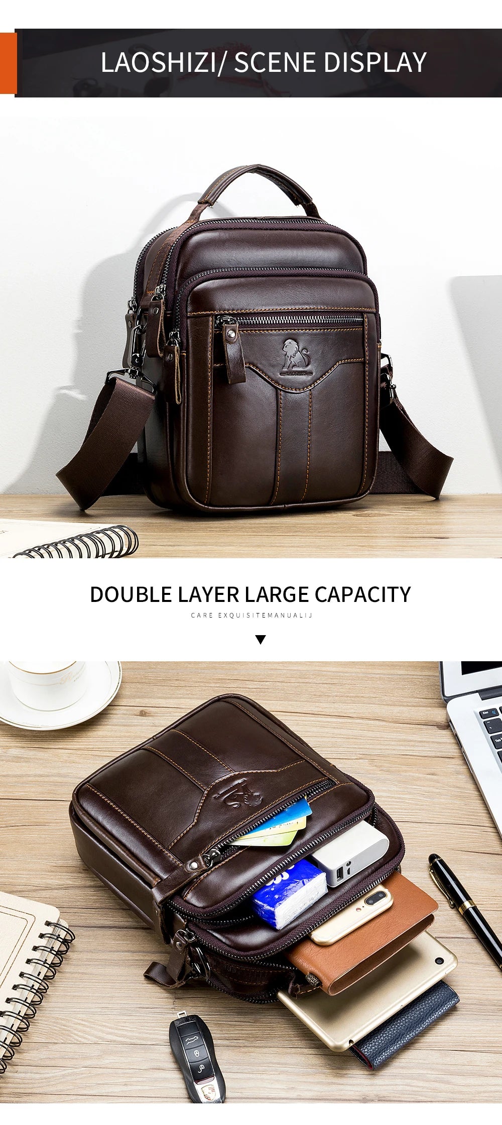 Men’s Vintage Leather Shoulder Bag – Small Crossbody Messenger with Multi-Pockets for Work, Travel & Daily Use