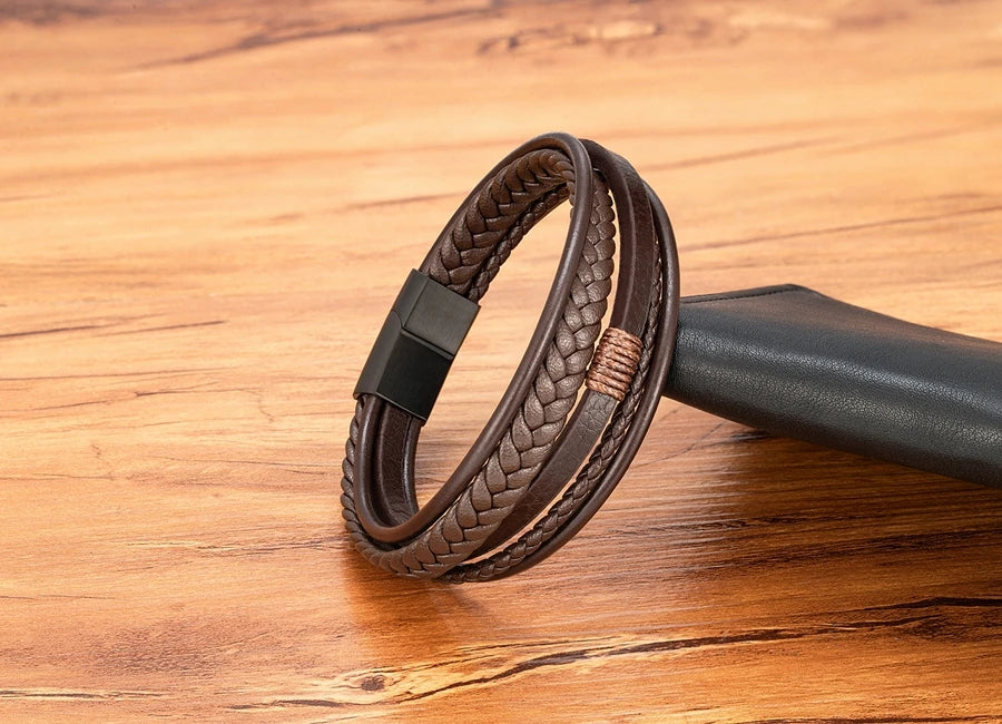 Men’s Triple Braided Leather Bracelet with Magnetic Clasp