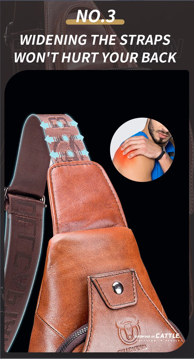 Bullcaptain Men’s Leather Sling Bag – USB Charging Crossbody Chest Pack for Travel, Work & Casual Use