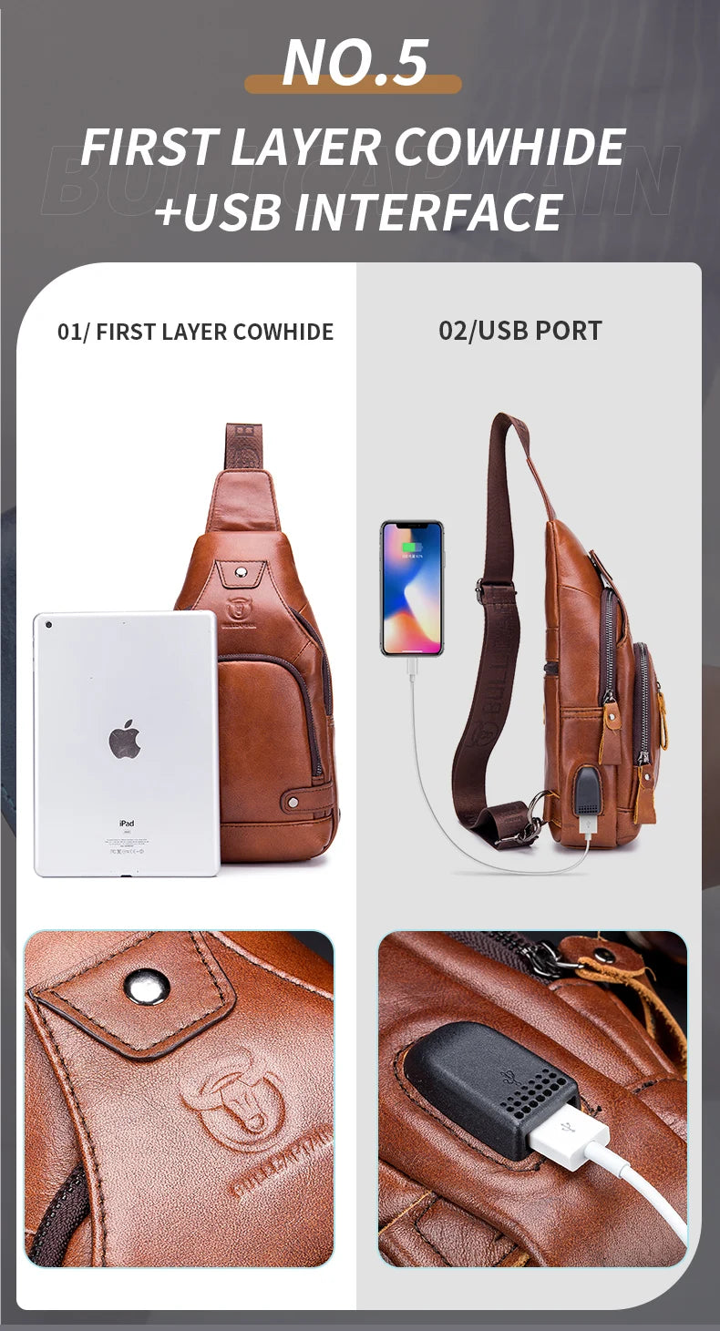 Bullcaptain Men’s Leather Sling Bag – USB Charging Crossbody Chest Pack for Travel, Work & Casual Use