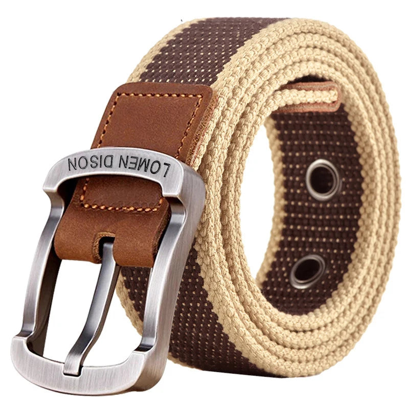 Men’s Woven Fabric Belt with Leather Trim and Metal Buckle – Adjustable and Durable
