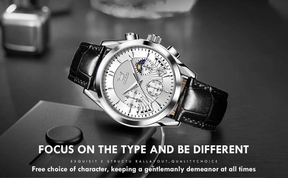 Men’s Luxury Chronograph Watch with Moon Phase and Leather Strap