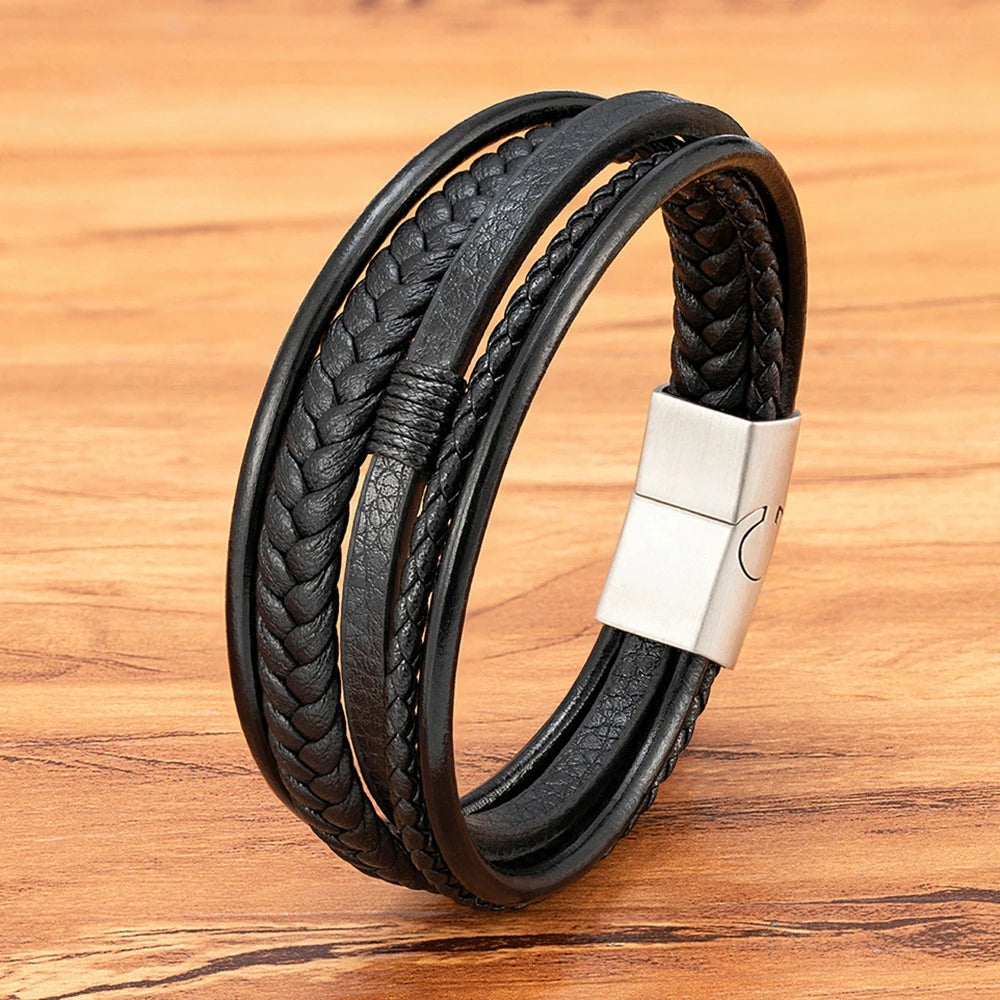 Men’s Triple Braided Leather Bracelet with Magnetic Clasp