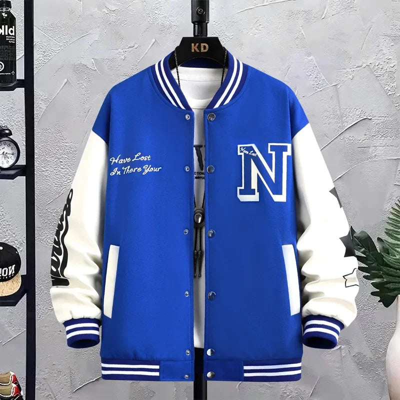 Men’s Varsity College Jacket with Embroidered Details and Snap Button Closure
