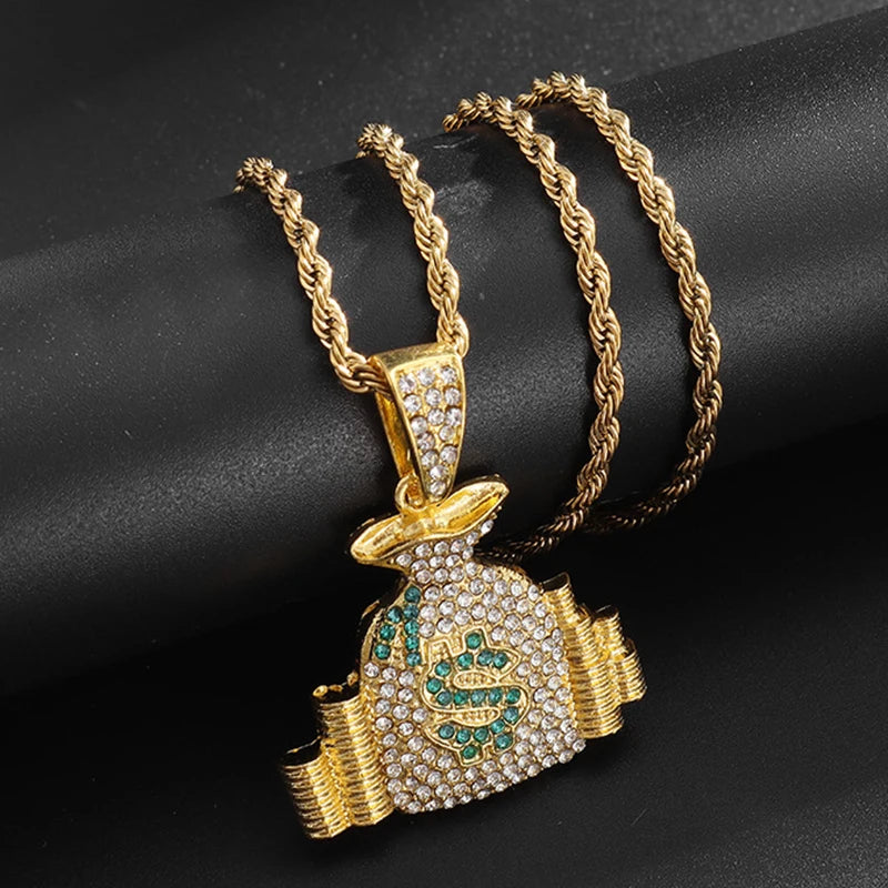 Men’s Hip Hop Necklace – Money Bag Pendant with Stones
