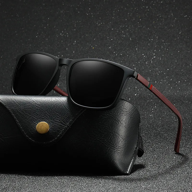 Matte Black Polarized Sunglasses with Red Textured Temples – Sleek & Sporty Film Anti UV
